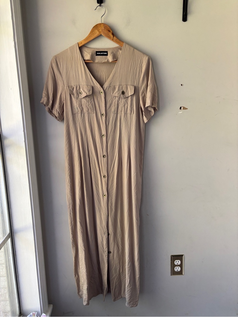 Halston Vintage Tan Button Down Maxi Dress Small